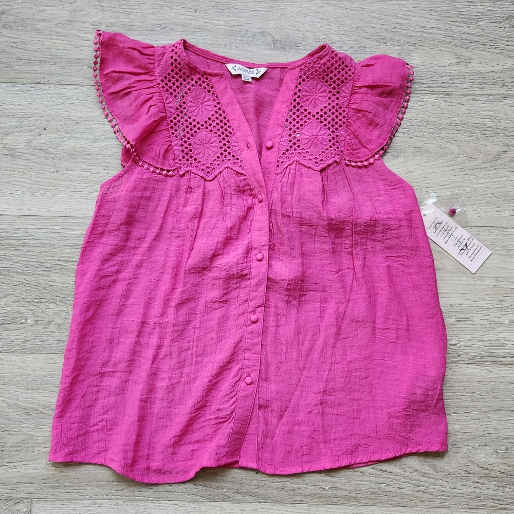 Nanette Lepore Pink Embroidered Shirt Womens Xs Eyelet Sleeveless Fuchsia